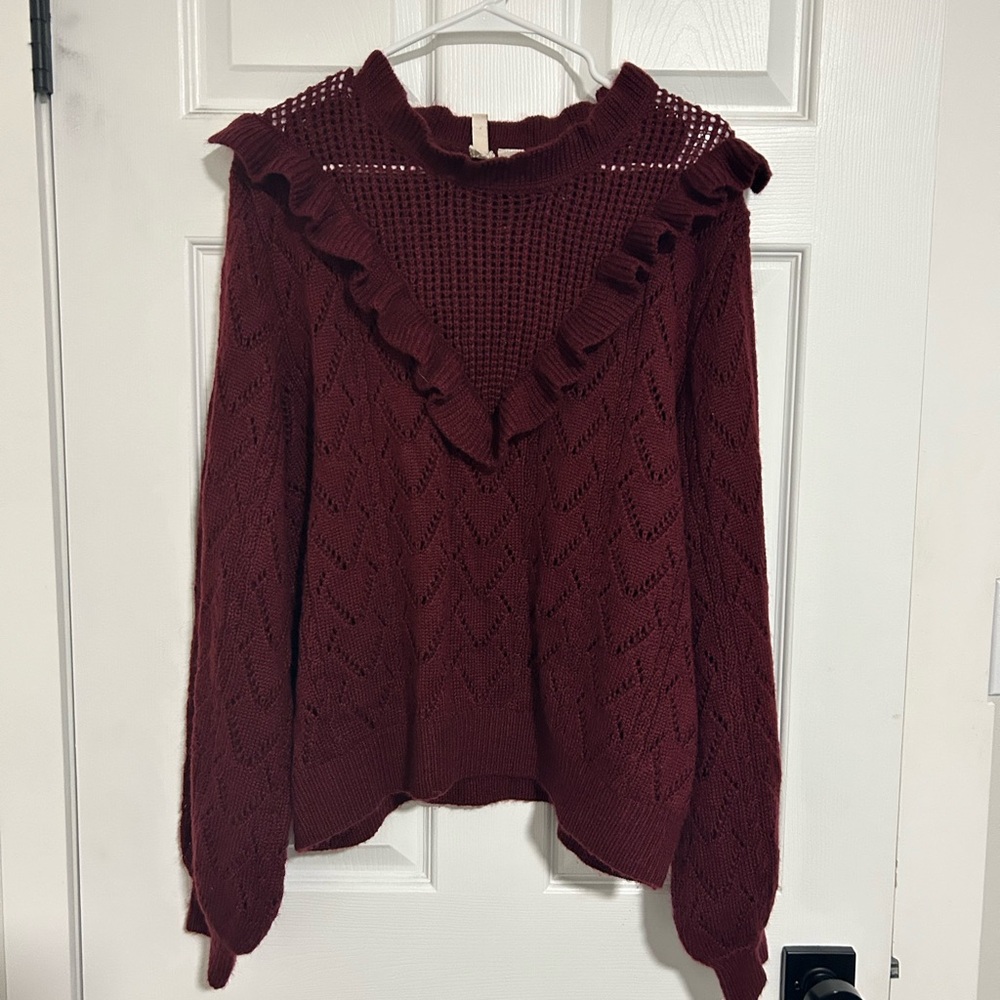 Divided Burgundy Ruffled Cowl Sweater